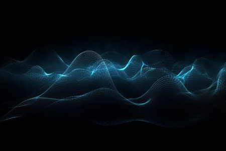 3D illustration of abstract digital landscape with blue glowing particles on dark backgroundの素材