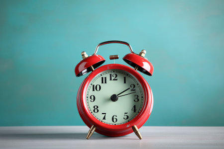 Alarm clock on table against turquoise wall. Time management conceptの素材