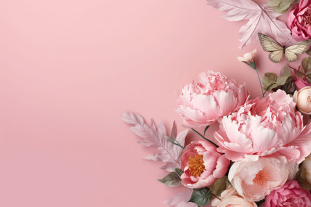 Flowers composition. Frame made of peony flowers on pink background. Flat lay, top view, copy spaceの素材