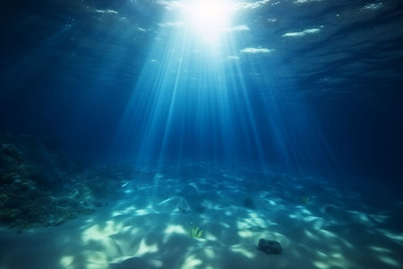 Underwater view of the caribbean sea with sunbeamsの素材