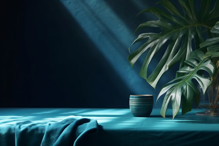 Tropical plant monstera in vase on blue table.の素材