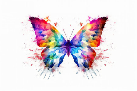 Colorful butterfly with splashes of watercolor paint on a white backgroundの素材