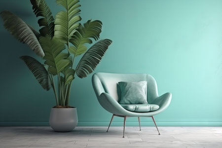 Green living room interior with armchair and plant. 3d renderの素材