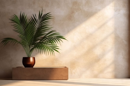 3d render of vase with palm leaves on wooden shelf.の素材
