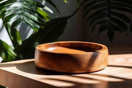 Wooden bowl on table in room with tropical plants and sunlight.の素材