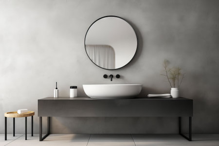 Interior of modern bathroom with grey walls, tiled floor, comfortable bathtub and round mirror. 3d renderingの素材