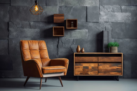 Modern living room interior with brown leather armchair and bookshelfの素材