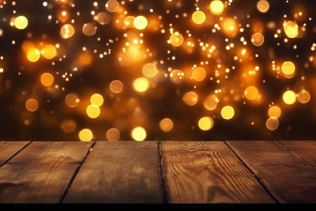 Wooden table with golden bokeh lights. Christmas background.の素材