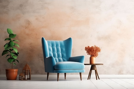Modern living room interior with blue armchair and plant. 3D Renderingの素材