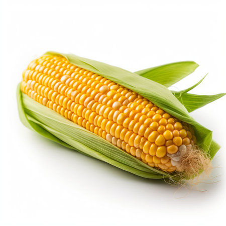 Fresh corn on the cob isolated on a white background cutout.の素材