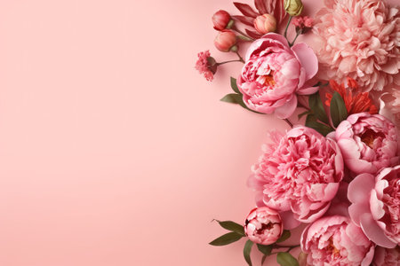 Beautiful peony flowers on color background, top view. Space for textの素材