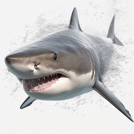 Great white shark on a white background. 3D rendered illustration.の素材