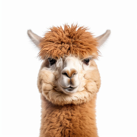 Portrait of cute alpaca isolated on white background. Studio shot.の素材