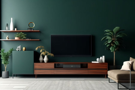 TV cabinet in modern living room with green wall, 3d renderの素材