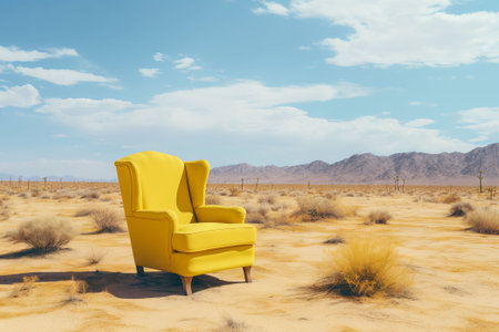 Yellow armchair in the desert. 3d render concept of travelの素材