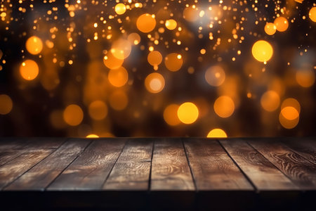Wooden table background with bokeh lights. Christmas and New Year holidays backgroundの素材