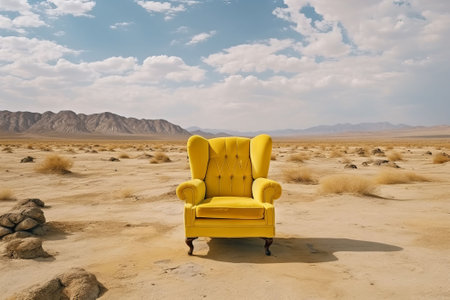 Yellow armchair in the middle of the desert with mountains in the backgroundの素材