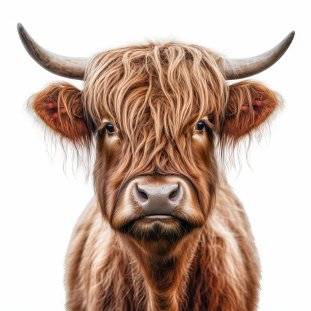 Portrait of a Scottish highland cow isolated on white background.の素材