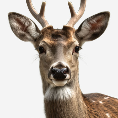 Close-up of a male deer with antlers, isolated on whiteの素材