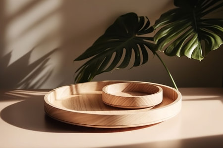 Wooden plate on table with monstera leaf, sunlight and shadowsの素材