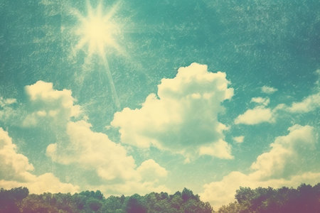 Vintage retro sky with clouds and sun. Nature vintage background.の素材