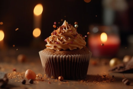 Delicious cupcake with cream on table against blurred lights, closeupの素材