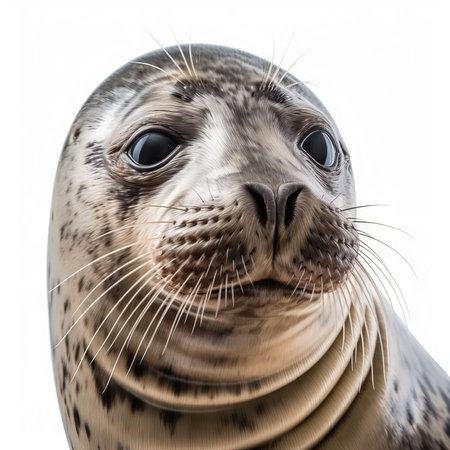 Close-up portrait of a seal isolated on a white background.の素材