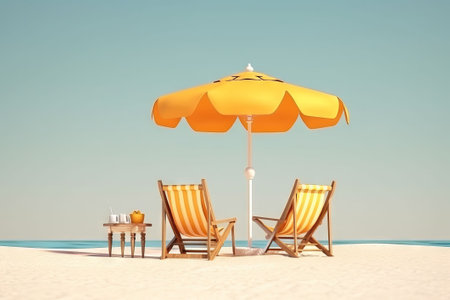 Beach chairs and umbrella on a sunny day. 3d renderingの素材