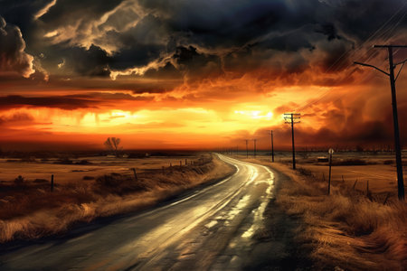 Country road at sunset with dramatic clouds in the sky. Dramatic landscape.の素材