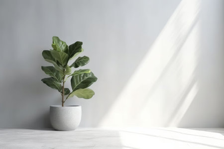 Ficus in pot on table against white wall, space for textの素材