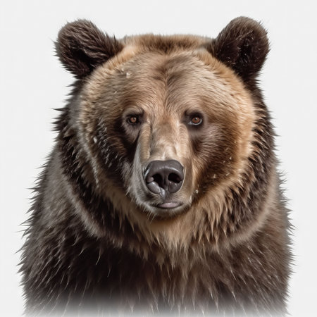 Portrait of a brown bear in front of a white background.の素材