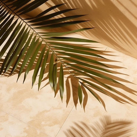 Tropical palm leaves on the background of a beige wallの素材