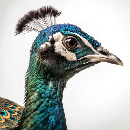 Portrait of a beautiful peacock isolated on white background. Studio shot.の素材