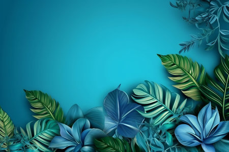 Tropical leaves on blue background with copy space. Vector illustration.の素材