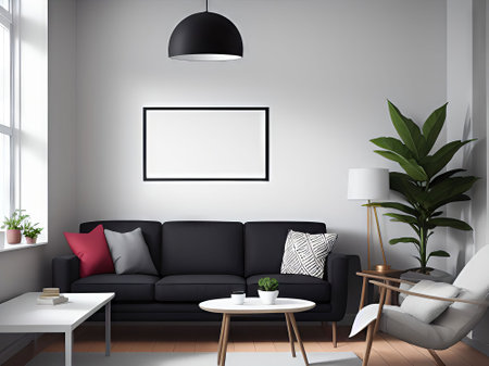 Interior of modern living room with black sofa and white armchairの素材