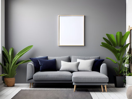 Interior of modern living room with grey sofa, plants and blank poster. 3d renderの素材