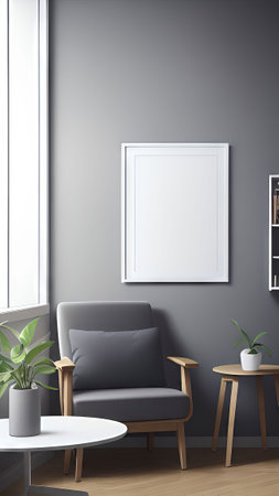 Interior of modern living room with gray walls, wooden floor, comfortable gray armchair standing near round coffee table and bookcase. Vertical mock up poster frame. 3d renderingの素材