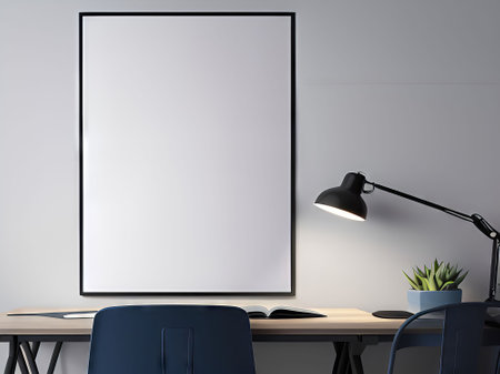 Interior of modern office with white mock up poster on wall. Workplace and lifestyle concept. 3D Renderingの素材