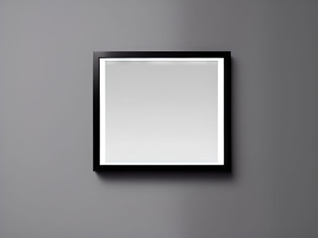 Black picture frame on a gray wall. 3d rendering mock upの素材