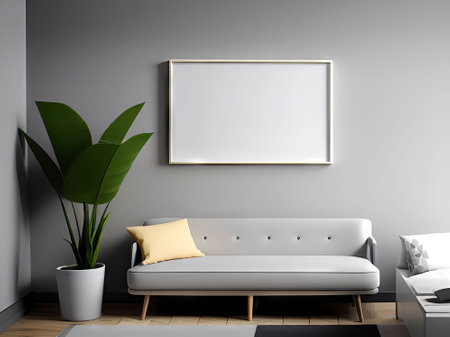 Interior of modern living room with gray walls, wooden floor, white sofa with yellow cushions and plant in pot. Vertical mock up poster frame. 3d renderingの素材