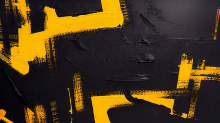 Black and yellow abstract acrylic painting on canvas texture. Fragment of artworkの素材