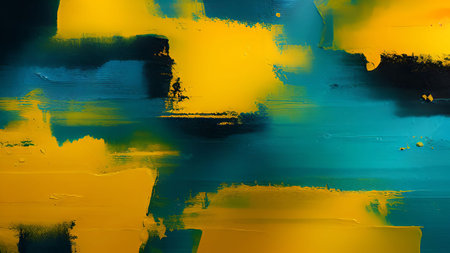 abstract yellow and blue paint on canvas background texture with grunge brush strokesの素材