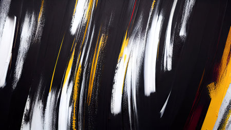 Black and yellow brushstrokes of paint on a black background. Abstract background.の素材