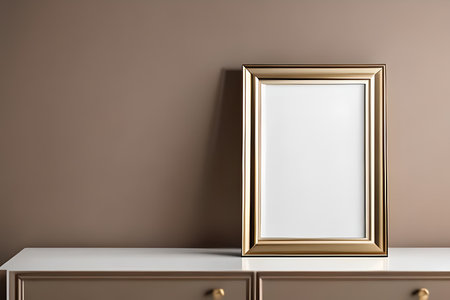 Golden frame mockup standing on chest of drawers in interior. 3d renderの素材