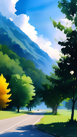 Road in the forest with green trees and blue sky. Vector illustration.の素材