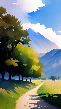 Summer landscape with road, trees and mountains in the background, vector illustrationの素材