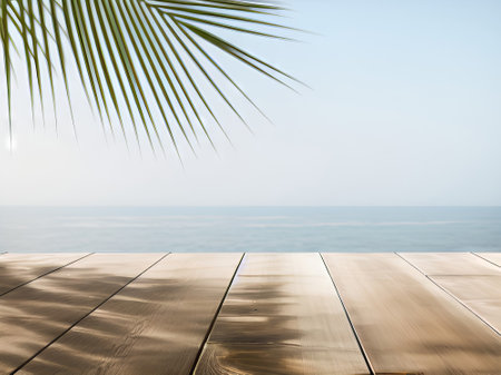 Wood table top on blur beach background - can be used for display or montage your productsの素材