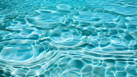 Swimming pool rippled water background with sun reflections and blue skyの素材