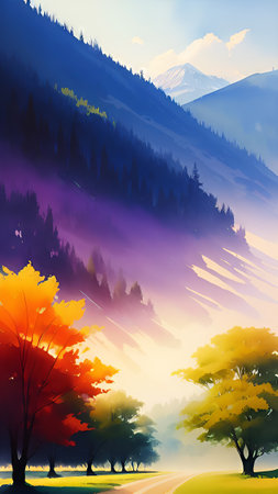 Autumn landscape with trees and foggy mountains. Vector illustration.の素材