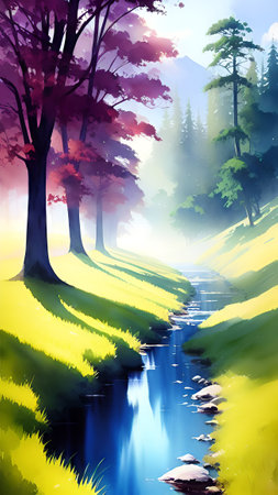 Fantasy landscape with river and forest. Digital painting. Vector illustration.の素材